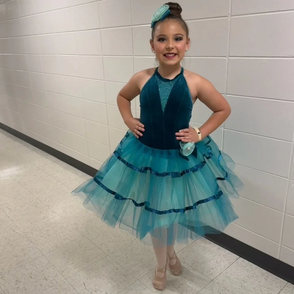 Weissman Teal & Turquoise Halter Tulle Dance Dress with Velvet Bodice